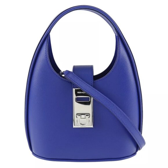 Salvatore Ferragamo Hobo Mini Bag Handbag Gancini 2WAYShoulder Blue Calfsk... - Picture 1 of 11